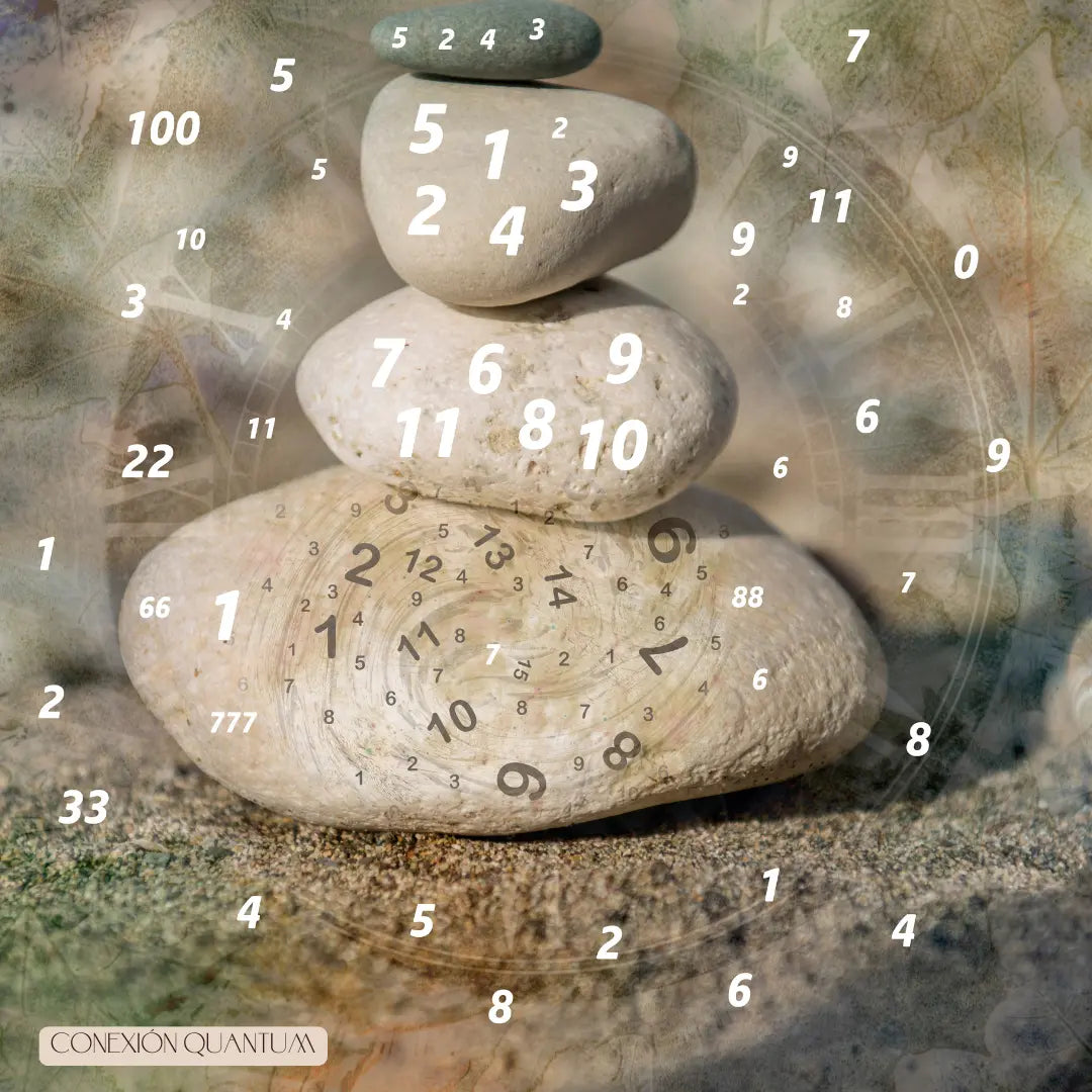 Imagen de numerología con piedras apiladas, números simbólicos y fondo espiritual, representando el producto de lectura numerológica de Conexión Quantum.