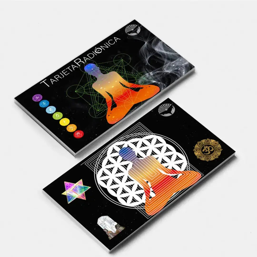 Tarjeta Radiónica con diseño simbólico y colores energéticos, usada para activar chakras, meditar y canalizar energía en prácticas espirituales.